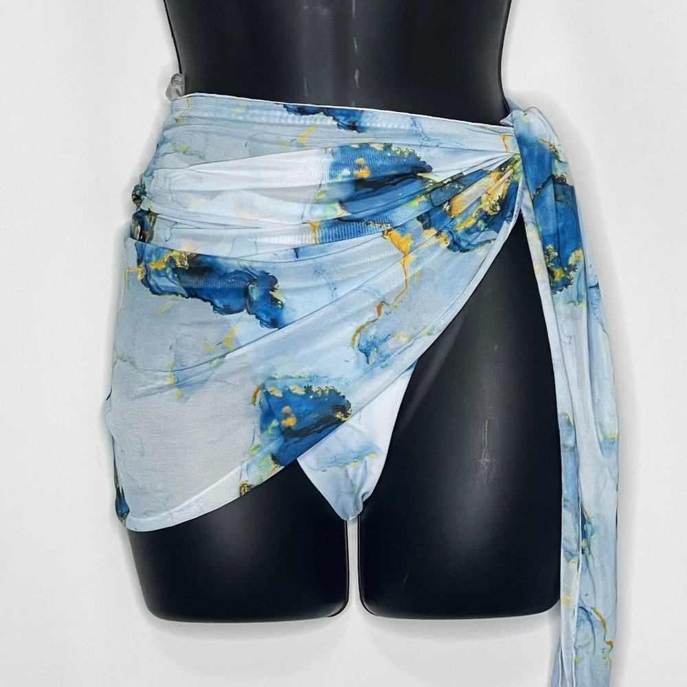 BLUE WATER COLOR HIGH CUT BIKINI BOTTOM & WRAP SKIRT COVER UP